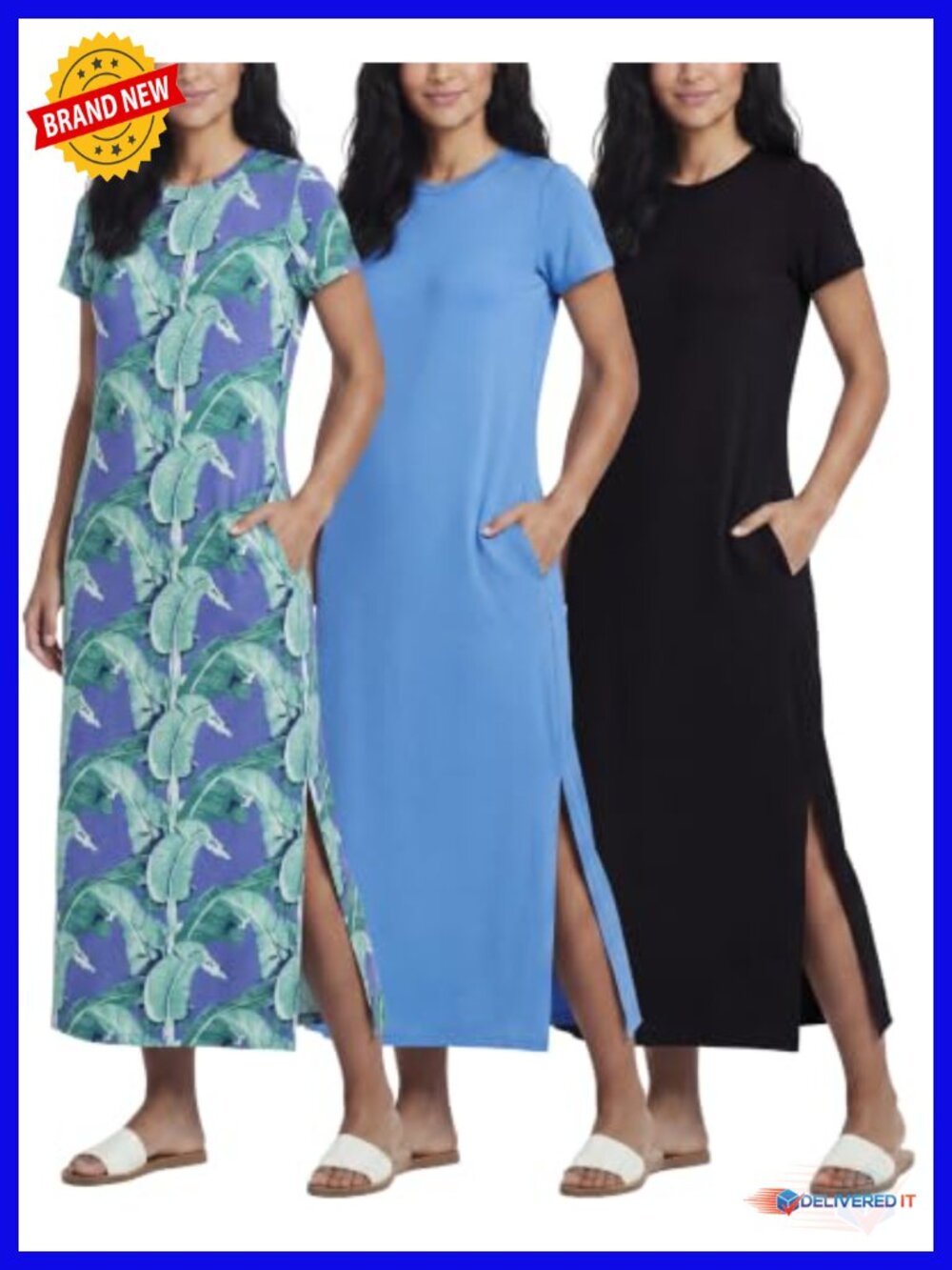 3 Pack Maxi Dresses Short Sleeve Side Slit Crew Neck T-Shirt Dress